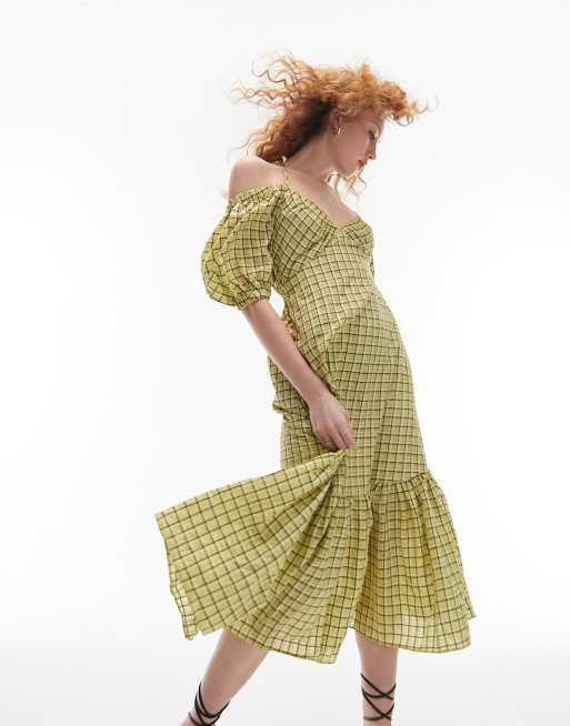 Topshop textured check bust cup midi dress in lime