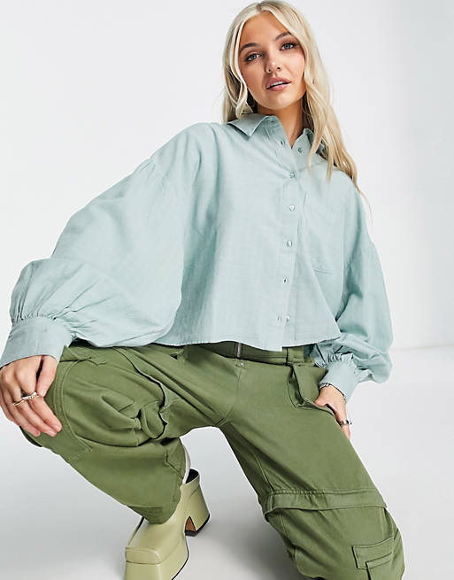  Shirts & Blouses/Topshop textured check crop shirt in sage green 