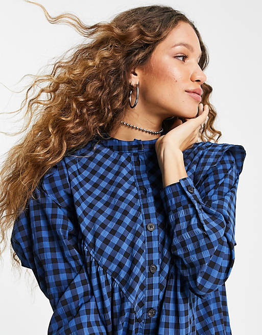  Topshop textured check mini shirtdress in blue 