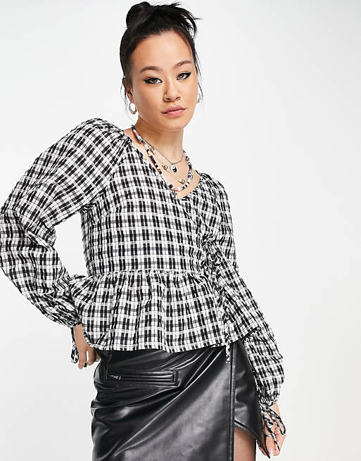 Women Shirts & Blouses/Topshop textured check tie side peplum blouse in monochrome 