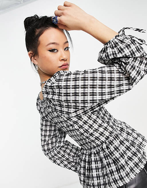Women Shirts & Blouses/Topshop textured check tie side peplum blouse in monochrome 