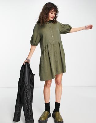 Topshop textured chuck on mini shirt dress in khaki