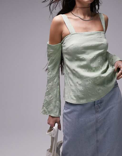 Topshop textured cold shoulder top in sage green ASOS