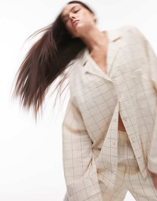 Topshop textured cotton check shirt and trouser pyjama set in ecru , 2 of 4