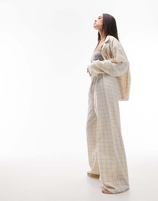Topshop textured cotton check shirt and trouser pyjama set in ecru , 3 of 4