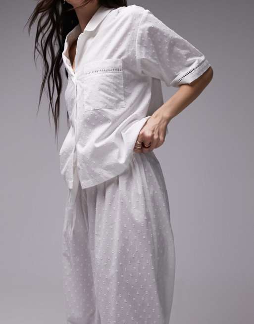 Topshop textured cotton shirt and pants pajama set in white