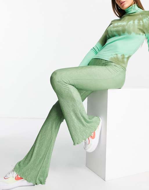 Topshop textured crinkle flared pants in green (part of a set)