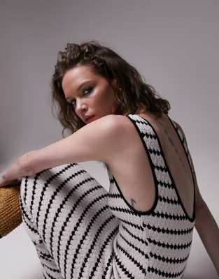 Topshop Textured Crochet Stripe Midi Jersey Dress In Mono-multi In Multi