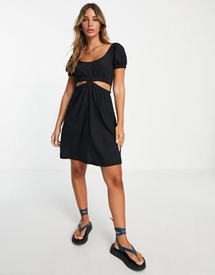 Topshop textured cut out tea dress in black