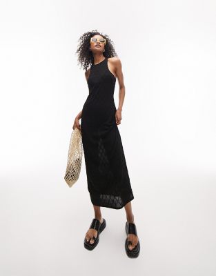 textured diamond jersey midi dress in black