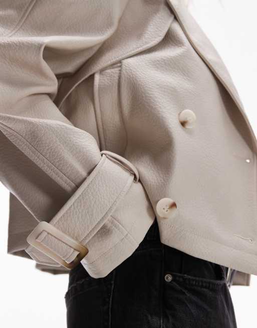 Topshop textured faux leather cropped trench coat in cream