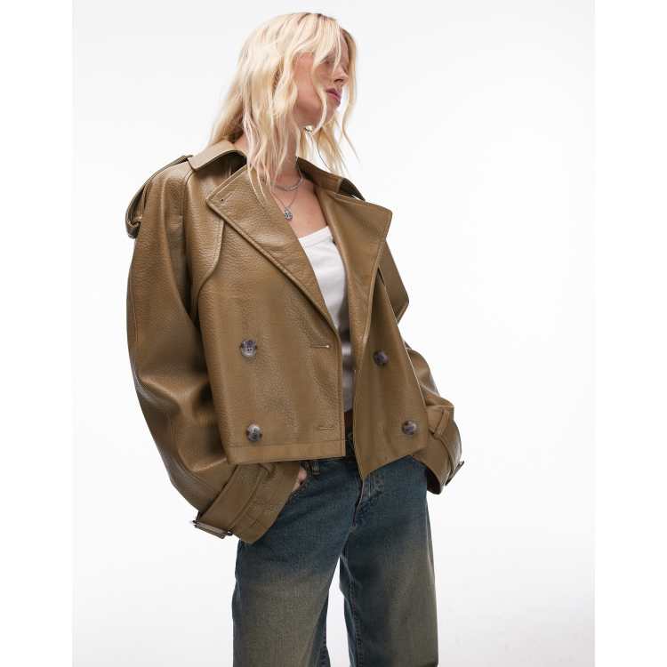Topshop textured faux leather cropped trench coat sage ASOS