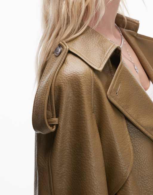 Topshop textured faux leather cropped trench coat sage, 4 of 4