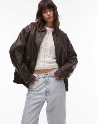 textured faux leather oversized collar bomber jacket in brown