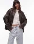 [Topshop] Topshop textured faux leather oversized collar bomber jacket in brown S brown