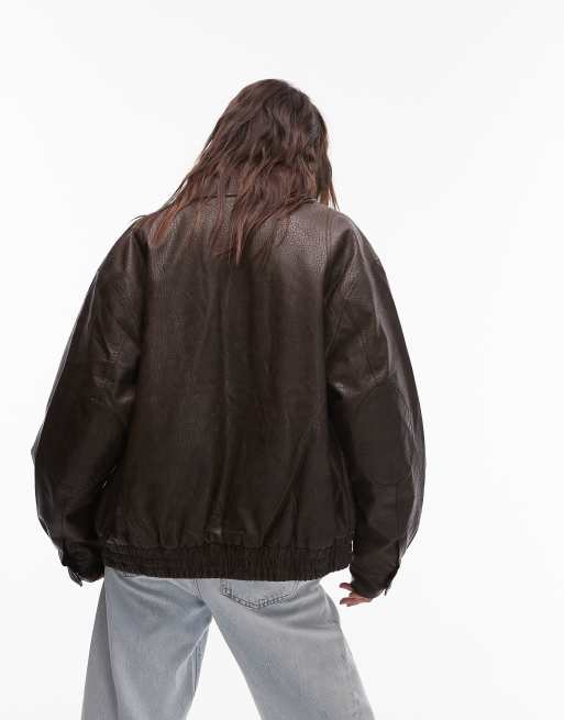 Topshop textured faux leather oversized collar bomber jacket