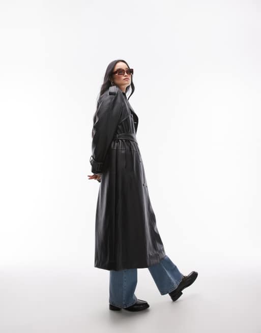 Topshop textured faux leather trench coat in black, 2 of 4