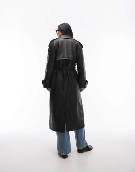 Topshop textured faux leather trench coat in black, 3 of 4