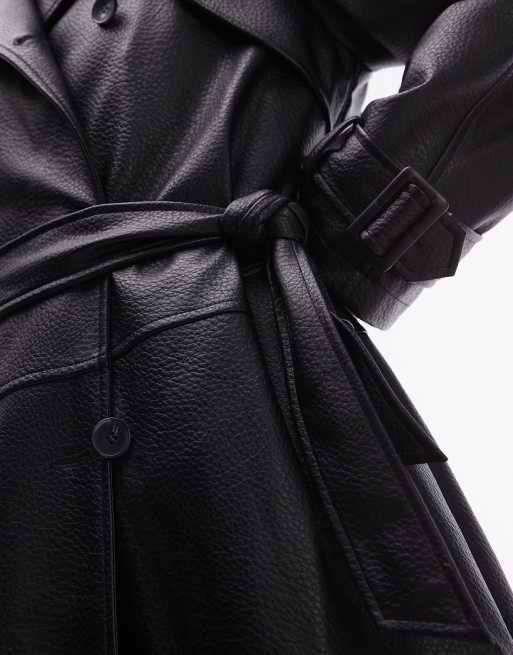 Topshop textured faux leather trench coat in black, 4 of 4