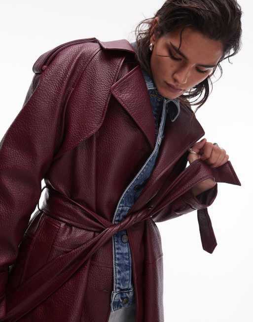 Topshop textured faux leather trench coat in burgundy ASOS