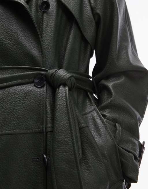 Topshop textured faux leather trench coat in green, 3 of 4