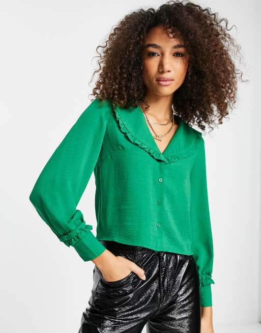 Topshop textured frill collar shirt in green | ASOS