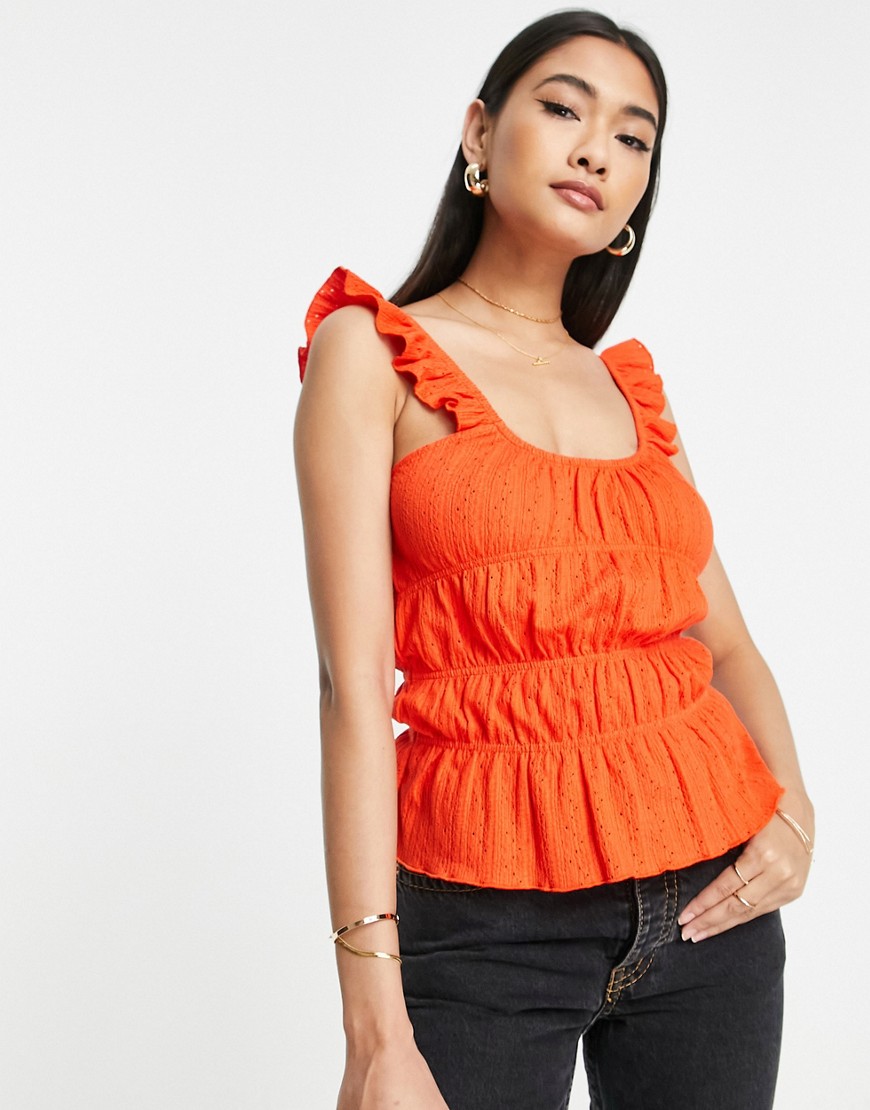Topshop textured frill shoulder cami in red-Pink