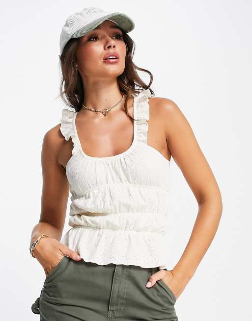 Topshop textured frill shoulder tank top in white