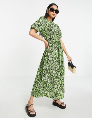 Topshop textured graphic green floral midi tea dress