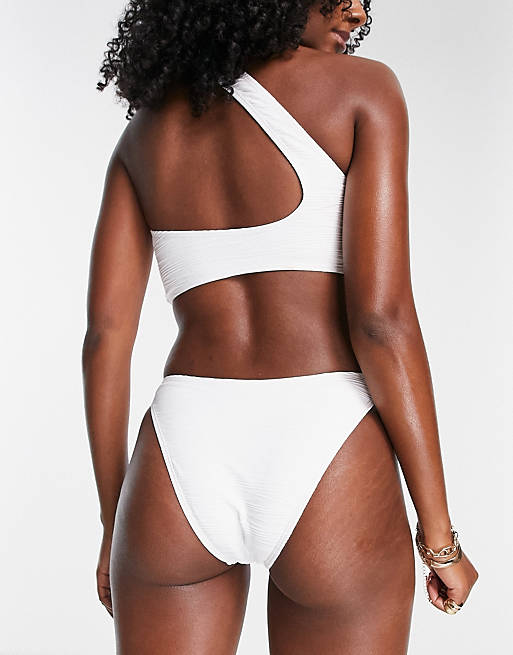 Topshop textured high leg bikini bottom in white | ASOS
