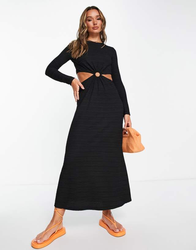 Topshop textured jersey ring detail midi dress in black