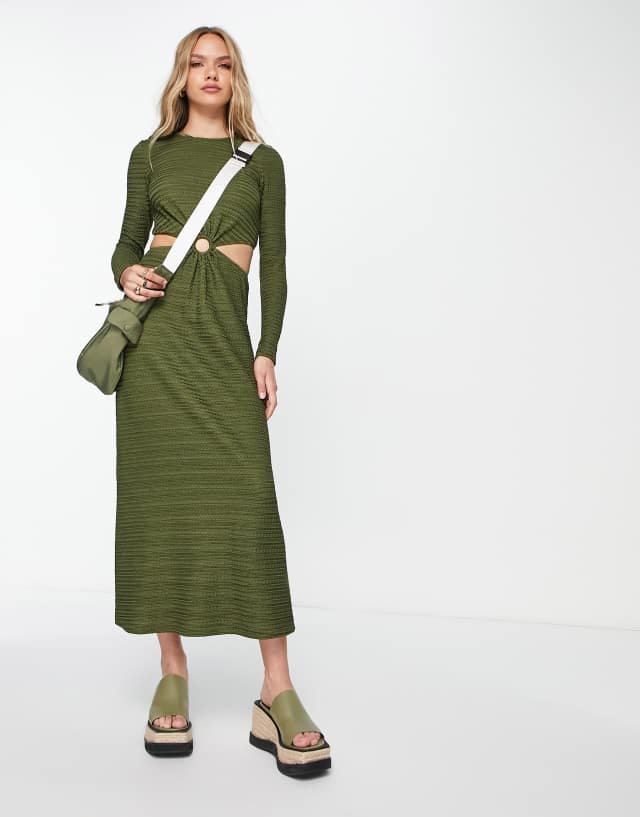 Topshop textured jersey ring detail midi dress in khaki