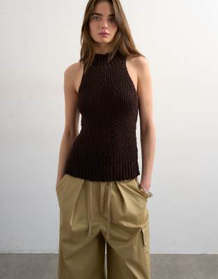 Topshop textured knit high neck tank top in chocolate