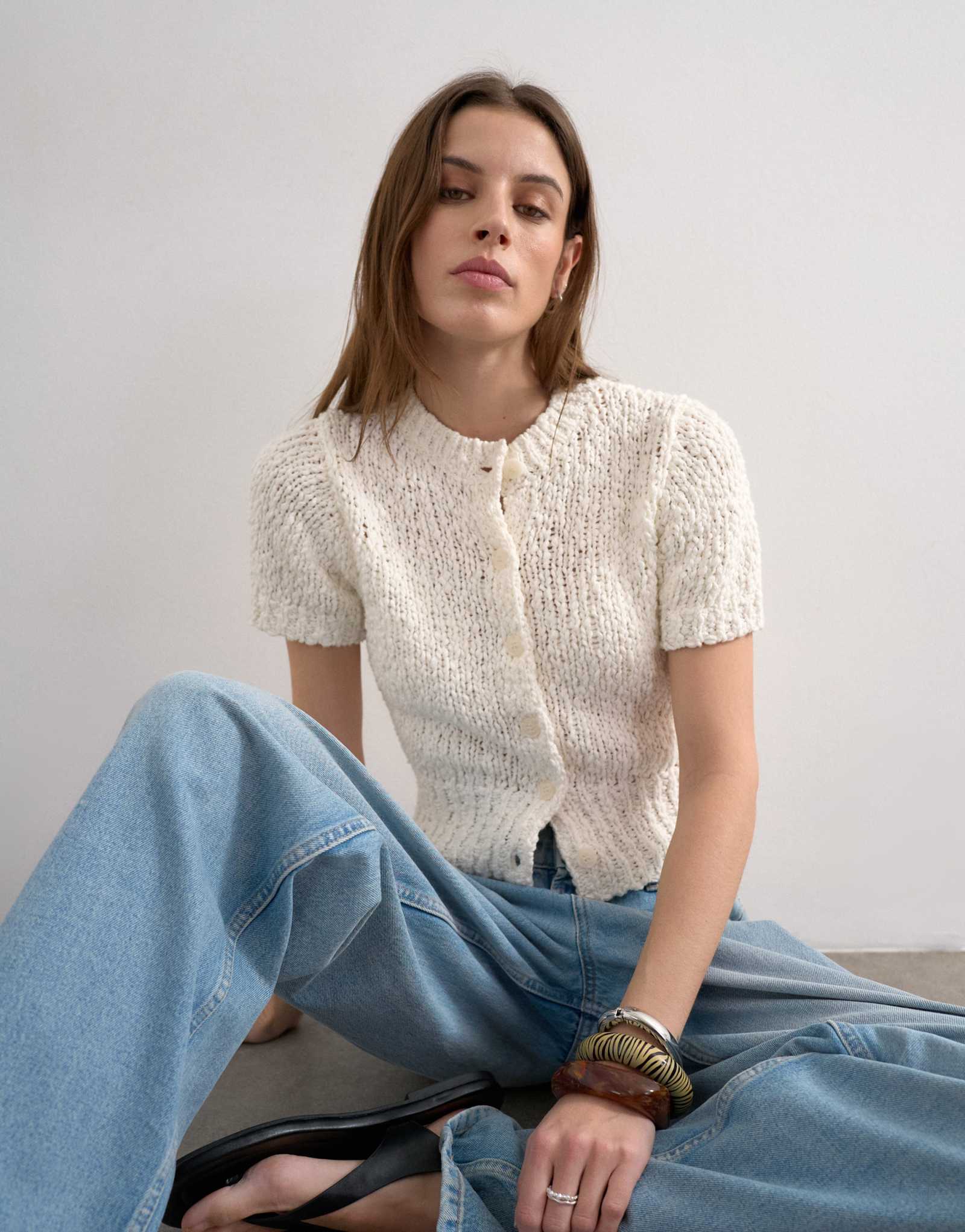 Кардиган из текстурированной вязки Topshop с коротким рукавом цвета слоновой кости