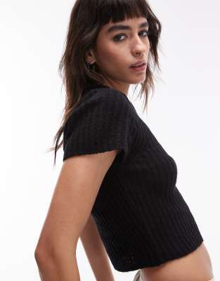 Topshop Textured Knit Tee In Black