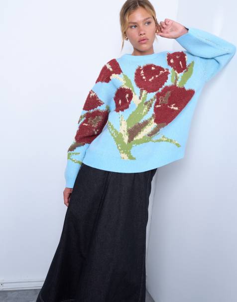 Topshop textured knit tulip sweater in blue - view 1
