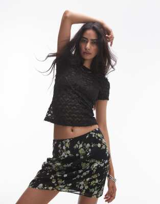 Topshop Textured Lace Tee In Black