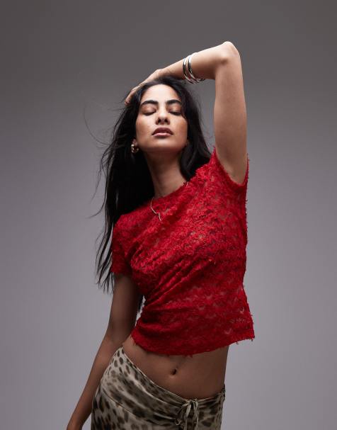 Topshop textured lace tee in red - view 1