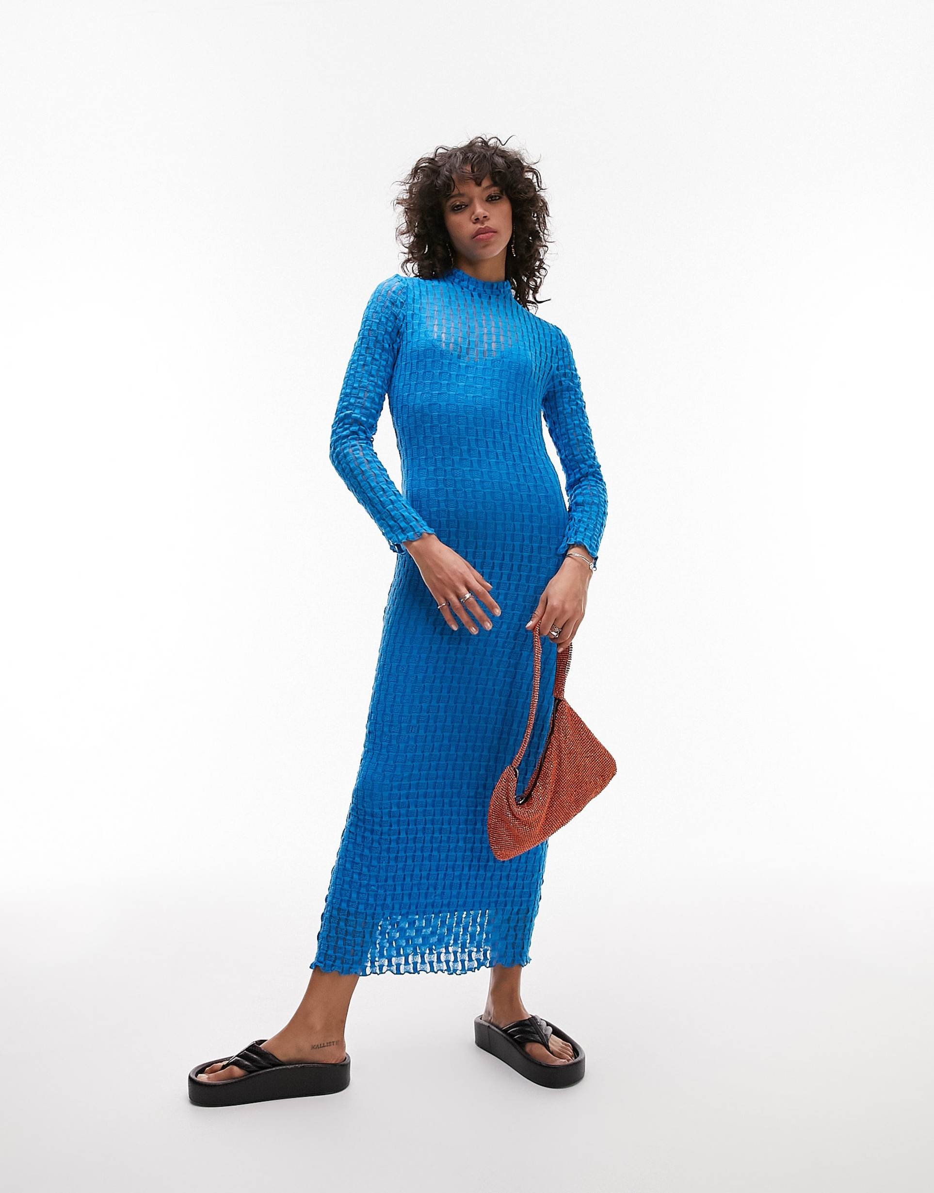 topshop textured long sleeve lace jersey midi dress in blue