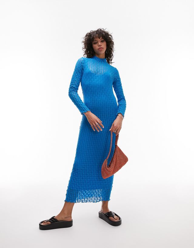 Topshop textured long sleeve lace jersey midi dress in blue