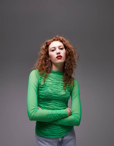 Topshop textured mesh long sleeve ruched funnel neck top in green - view 1