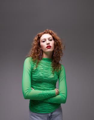 topshop textured mesh long sleeve ruched funnel neck top in green
