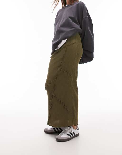Topshop textured midi skirt in dark khaki