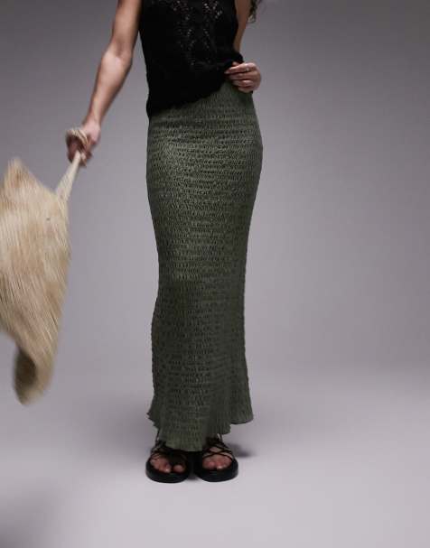 Topshop textured midi skirt in khaki - view 1