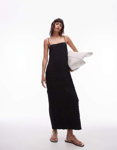 Topshop textured midi tie shoulder dress in black - view 1