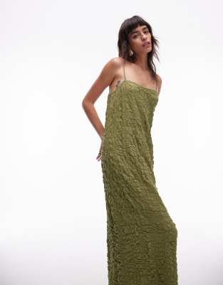 Topshop textured midi tie shoulder dress in khaki-Green
