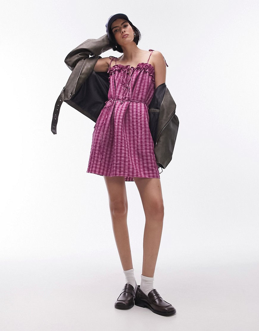 Topshop textured mini chuck on strappy dress in pink check