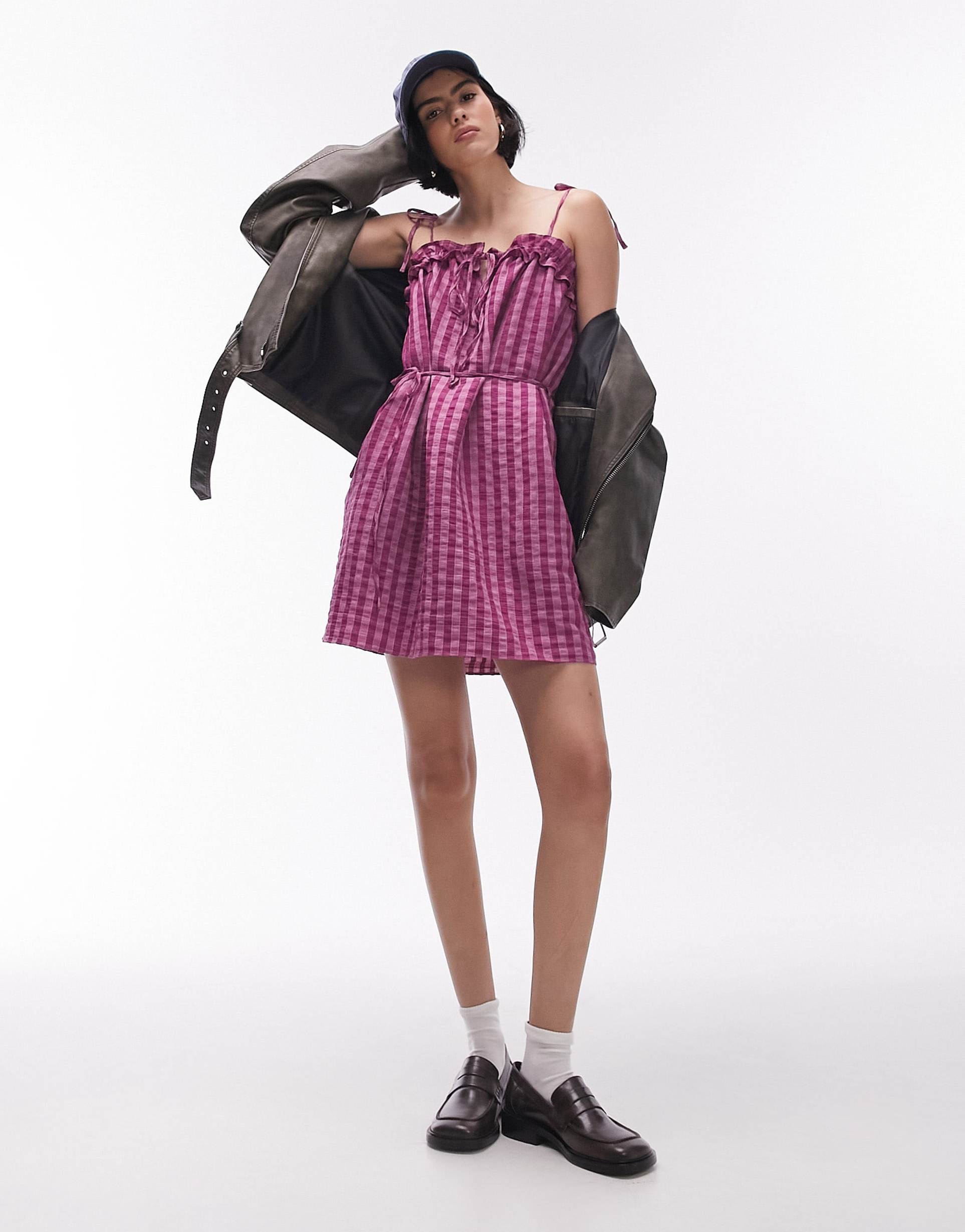 topshop textured mini chuck on strappy dress in pink plaid