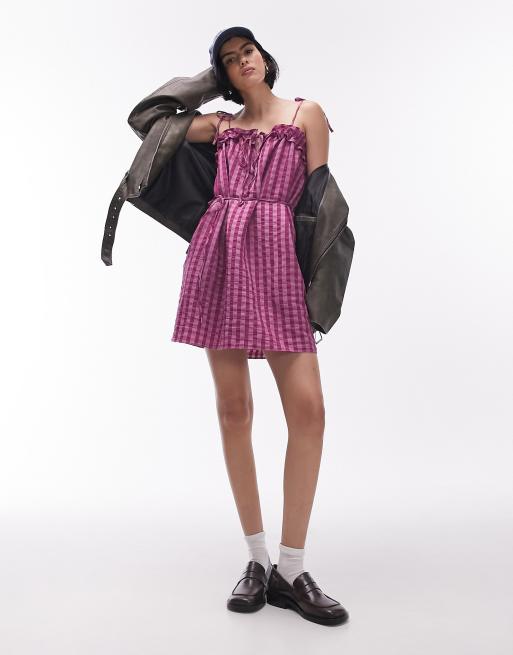 Topshop textured mini chuck on strappy dress in pink plaid