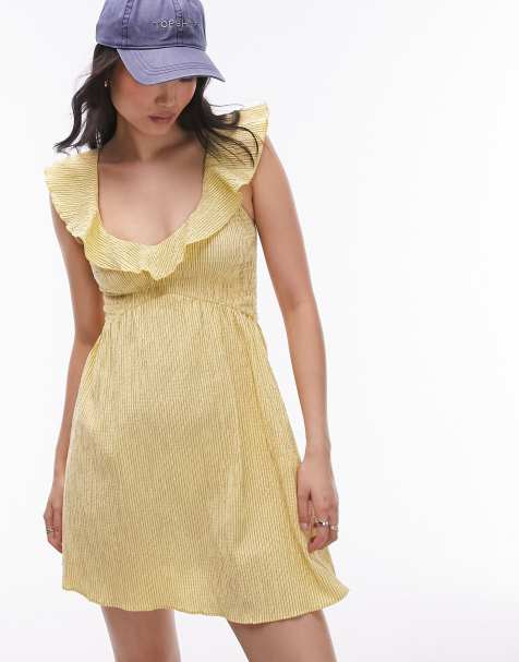 Topshop textured mini shirred ruffle strap dress in yellow stripe - view 1